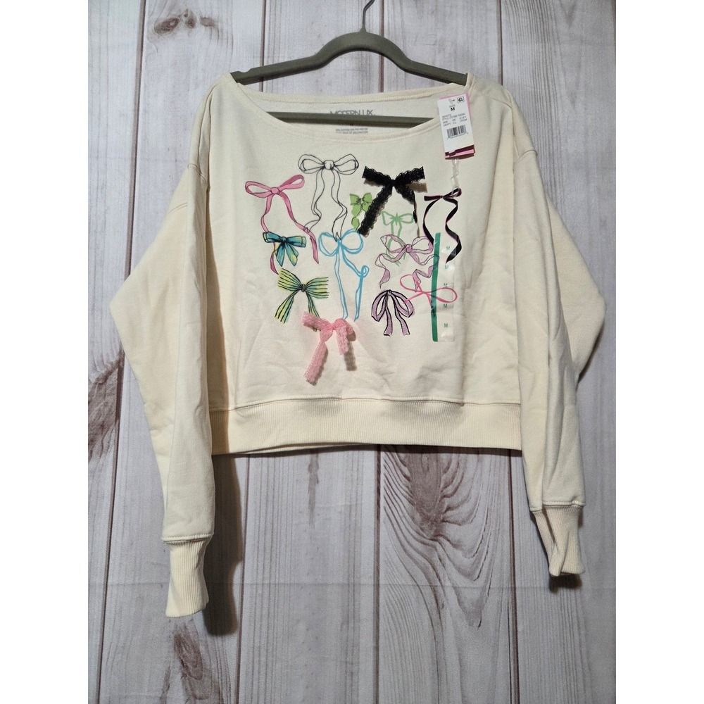 Modern Lux Women Cream Bow Graphic Cropped Sweatshirt 3D Lace Ribbon Applique‎ M
